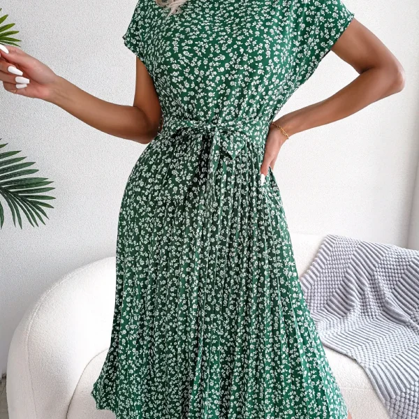 Women Spring Summer Short Sleeve Floral Pleated A Line Dress