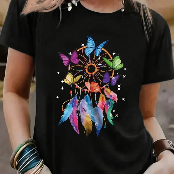 Butterfly Print Casual T-shirt Polyester Blend
