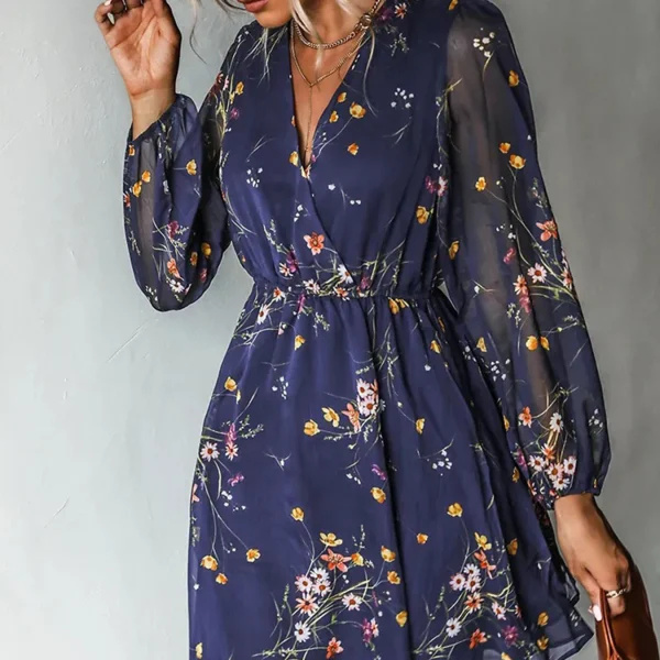 Floral Printed Chiffon V-Neck Mini Dress