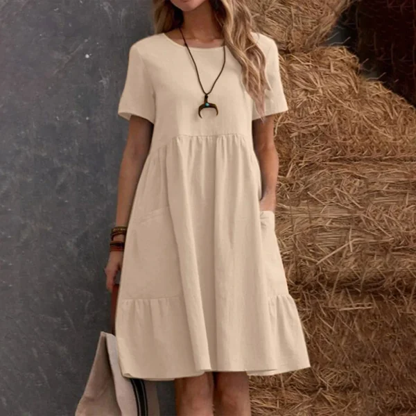 Women Fashion Solid Cotton Short Sleeve Dress