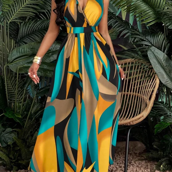 Tropical Print V-Neck Flare Dress Maxi