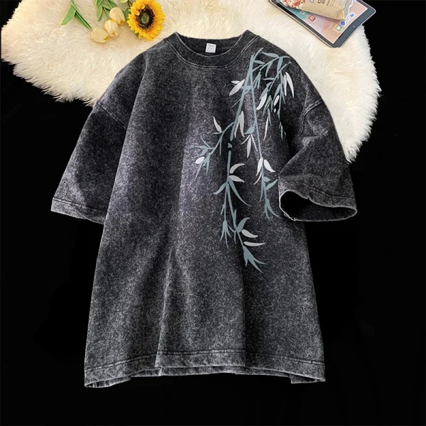 Bamboo Leaf Pattern Acid Washed Men's T-shirt