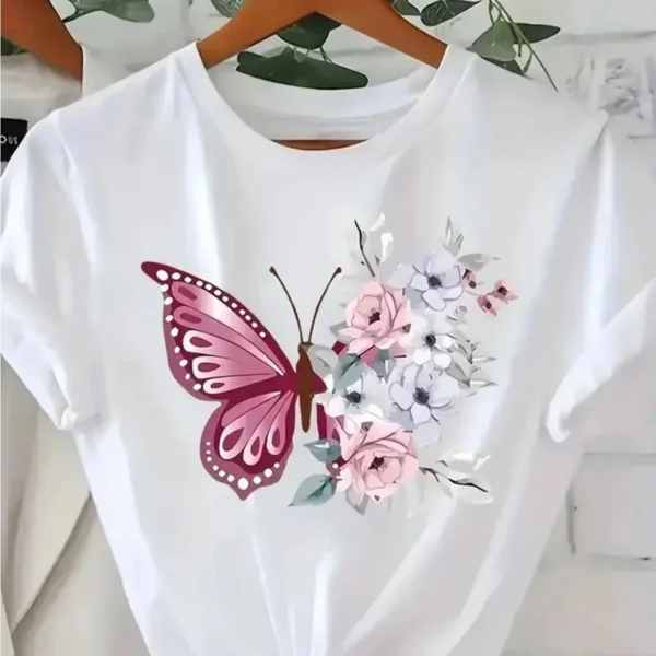 Women's Casual Spring/Summer Floral Butterfly Print T-Shirt